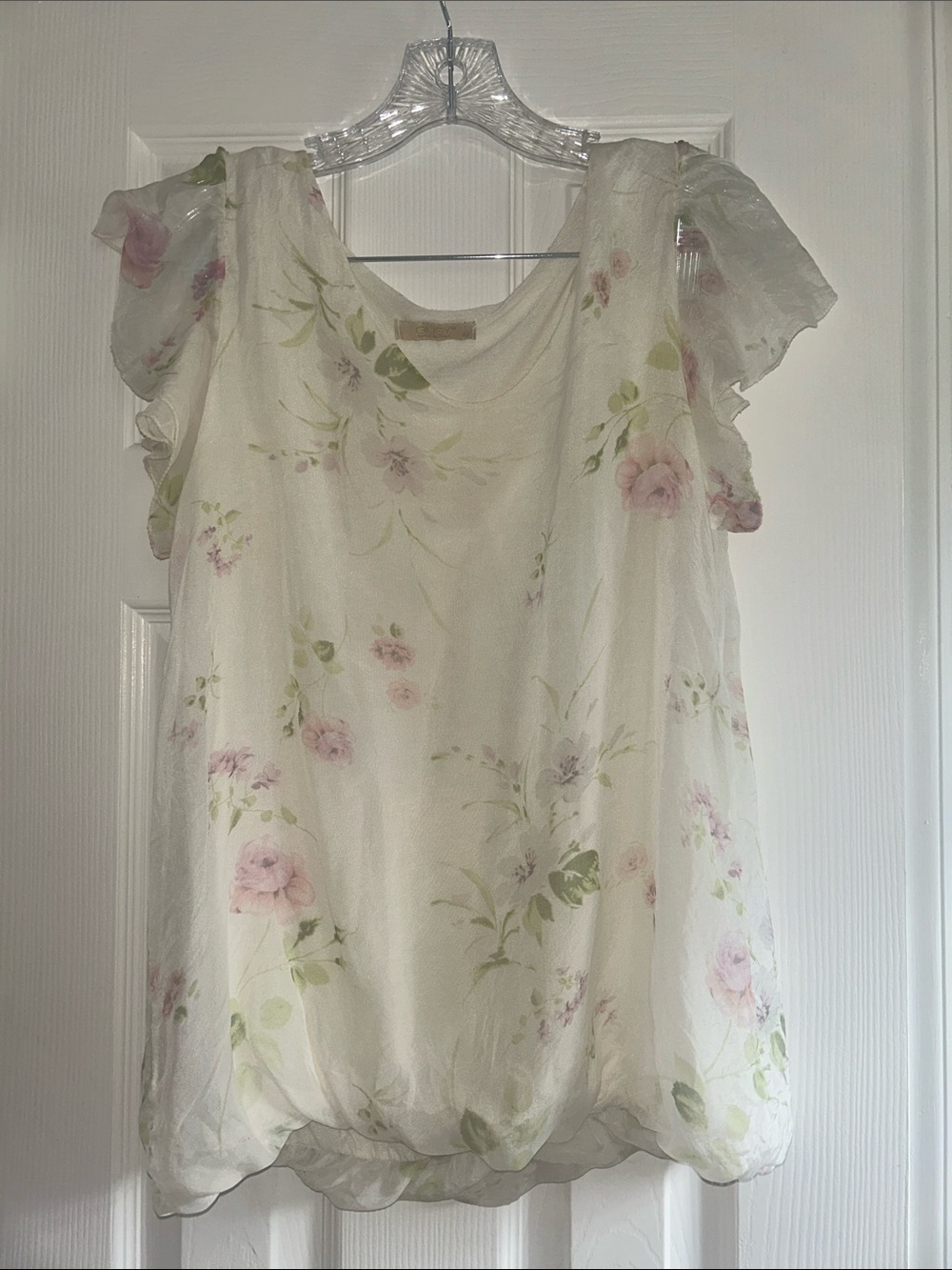 Guisy Italy Floral Flutter Sleeve Cream Blouse Pink Rose Print 100% Silk Medium